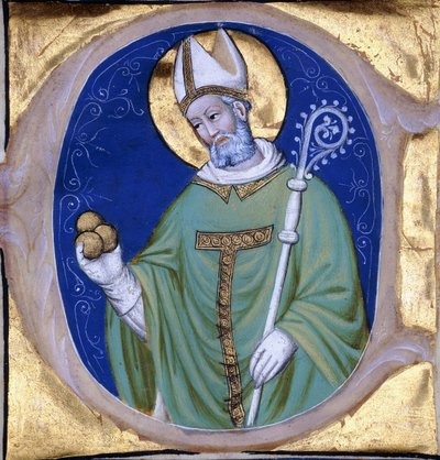 San Nicolás de Myra, inicial historiada "C", de un libro de coro iluminado en vitela, c.1400 de Unbekannt