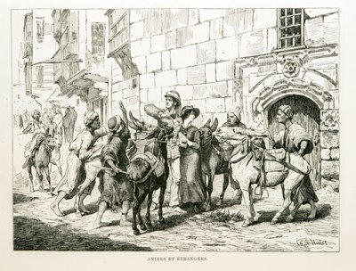 Dibujo satírico que representa a turistas occidentales rodeados de burros y sus conductores - Ilustración del Atlas de Egipto de Unbekannt