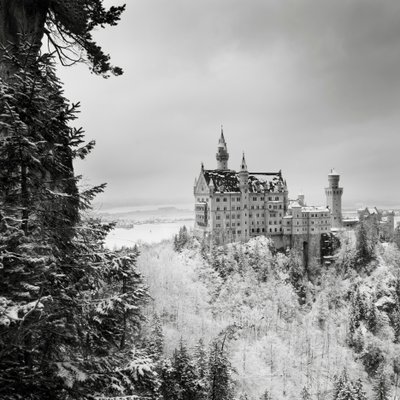 Castillo de Neuschwanstein, Füssen, Alemania, 2013 (fotografía en B/N) de Leopold Blonder