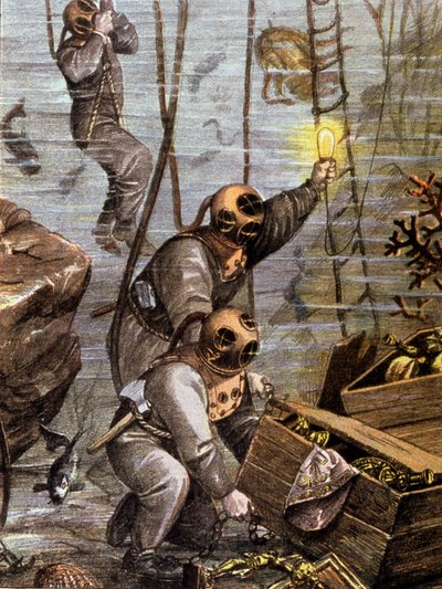 Buceador descubriendo un tesoro submarino,principios del siglo XX (ilustración) de Unbekannter Künstler