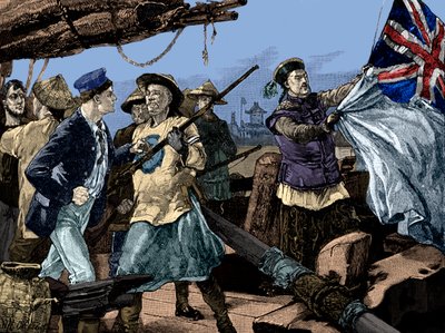 Segunda Guerra del Opio: Oficiales chinos arrian la bandera británica del buque Arrow de Unbekannter Künstler
