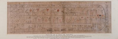 Sección de papiro con jeroglíficos cursivos con el texto de la undécima sección del Libro de Amtuat describiendo el nacimiento del dios sol en el cielo al amanecer de Unbekannt