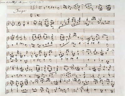 Página de partituras de la Fuga de Haendel de un manuscrito que contiene dos obras, de Domenico Scarlatti y de Friedrich Haendel de Unbekannter Künstler