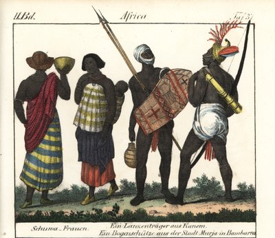 Mujeres shoua con un bebé, una lanza y un arquero del Imperio Kanem (Chad y Libia). Litografía para el libro: "Galerie complete en tableaux fideles des peuples d