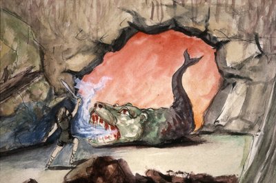 Sigfrido matando al dragón Fafner, finales del siglo XIX (ilustración) de Unbekannter Künstler