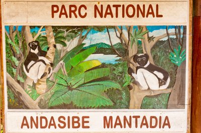 Señal que representa lémures en la jungla; Parque Nacional Andasibe-Mantadia; Madagascar; África de Unbekannt