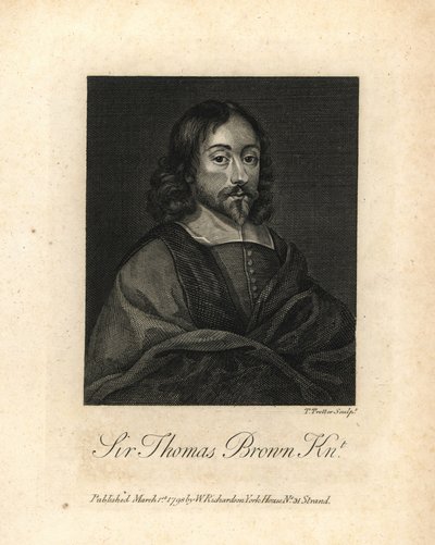 Sir Thomas Brown, polímata y escritor inglés sobre ciencia, medicina, religión y esoterismo, fallecido en 1682. Grabado al cobre de William Richard