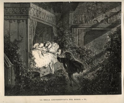 La bella durmiente: el príncipe descubre a la princesa dormida durante cien años. Grabado de Gustave Doré (1832-1883) de Les contes de Charles Perrault (1628-1703) de Unbekannt