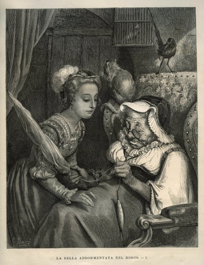 La bella durmiente: la princesa descubre a una anciana hilando lana. Grabado de Gustave Doré (1832-1883) de “Les contes” de Charles Perrault (1628-1703) de Unbekannt