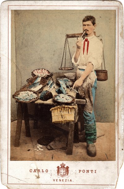 Pequeños oficios: retrato de vendedor de pescado, cerca de su carga de pescado, Venecia. Impresión del siglo XIX en cartón Dim. 11x16,5 cm de Unbekannt