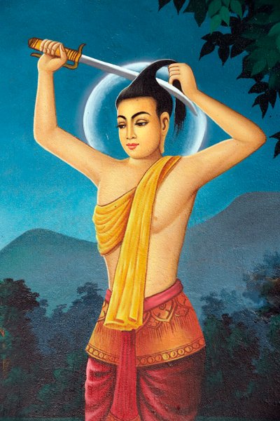 Monasterio Budista Srahchork. Pintura que representa la historia de la vida de Buda Shakyamuni. El príncipe Siddhartha se corta el cabello para renunciar a la vida mundana en la orilla del río Anoma. Phnom Penh. Camboya. (foto) de Unbekannt