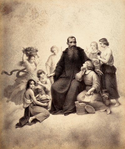 San Benito entronizado está rodeado de jóvenes con haces de trigo y cestas de fruta. Ilustración del Canto XXXII del Paradiso de La Divina Comedia de Dante Alighieri. Obra de Francesco Scaramuzza dedicada al Ayuntamiento de Florencia. de Unbekannter Künstler