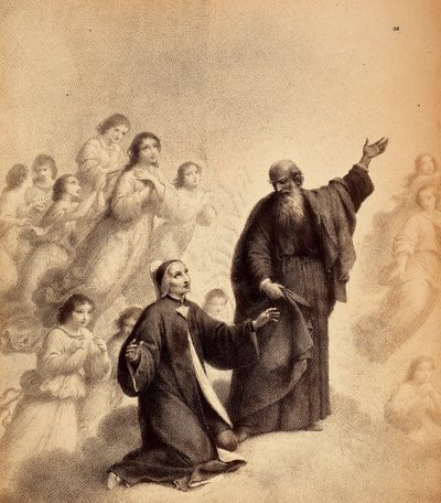 San Bernardo, sonriendo, hace señas a Dante para que mire a lo alto; el poeta está arrodillado, con los brazos abiertos, junto al santo; los rodean espíritus bienaventurados. Ilustración del Canto XXXIII del Paradiso de La Divina Comedia de Dante Alighieri de Unbekannter Künstler
