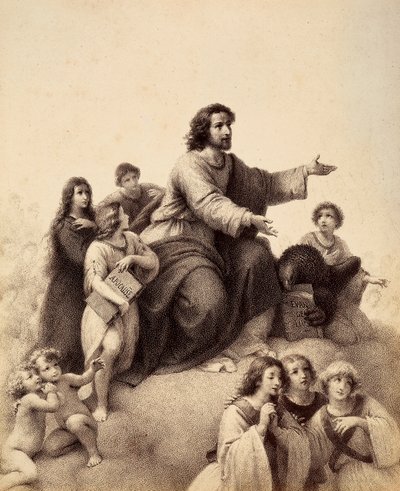 San Juan Evangelista, con los brazos extendidos, está rodeado de jóvenes y ángeles; a sus pies, un águila tiene en sus garras el Evangelio; un joven, a la derecha del santo, sostiene el libro del Apocalipsis. Ilustración del Canto XXXII de Unbekannter Künstler