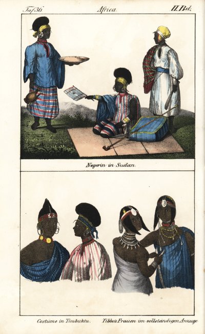 Mujeres sudanesas vestidas a rayas. Abajo, demmes de Tombuctú (Malí) y mujeres tibbo del Sáhara. Litografía para el libro: "Galerie complete en tableaux fideles des peuples d