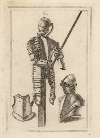 Armadura de justas con gran guardia y soporte de lanza de la Torre de Londres 1, casco y gran guardia 2, peto de una coraza 3 de Unbekannt
