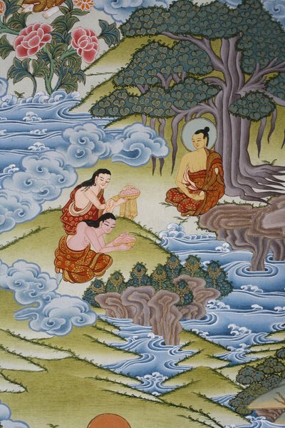 Sujata dando arroz con leche al Buda. Thangka, Bhaktapur, Nepal de Unbekannt