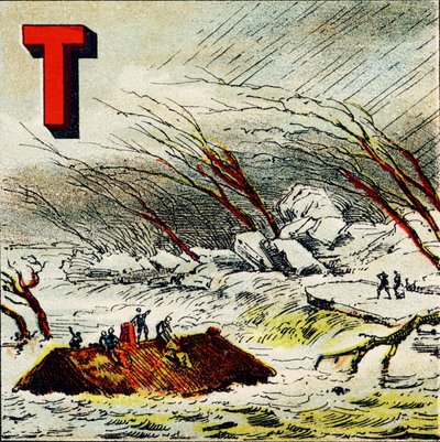 T: Torrente. Es una corriente de agua muy rápida producida por la gran pendiente de un terreno - Grabado extraído de Alfabeto geográfico. Guerin-Muller et Cie, editores, París de Unbekannt