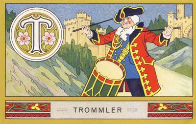 T: Trommler - Alfabeto Palmin. Serie de cromolitografías editadas por H. Schlinck & Cie, Hamburgo. Publicidad para Palmin feinstes Cocosfett. Dimensiones: 7 x 11 cm de William M. Timlin