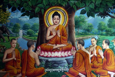 Fresco del templo que representa al Buda con discípulos. Camboya de Unbekannt