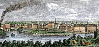 Fábricas textiles a lo largo de los ríos Merrimack (Merrimac) y Concord, Lowell, Massachusetts, EE.UU. en la década de 1830. Grabado coloreado del siglo XIX. de Unbekannter Künstler