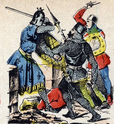 La batalla de Taillebourg entre el rey de Francia Luis IX y su hermano el conde de Poitiers Alfonso contra las armas de sus vasallos sublevados, Enrique III de Inglaterra y Hugues X de Lusignan. Cuadro de Epinal siglo XIX (grabado) de Unbekannter Künstler