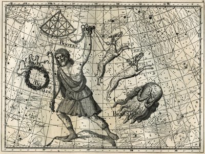 El Arco, la Corona Boreal, los perros de caza, el cabello de Berenice. Grabado de Les étoiles et les autres curiosités du ciel de Camille Flammarion de Unbekannt