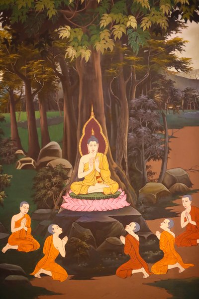 El Buda predicó su primer sermón a los cinco monjes, Fresco mural, templo Wat Botum, Phnom Penh, 2022 (foto) de Unbekannter Künstler