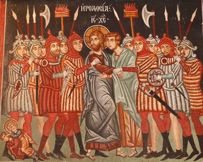 El fresco bizantino del siglo XV: La traición de Judas y el arresto de Jesús Iglesia del Arcángel Miguel en Pedoulas, Chipre Iglesias pintadas sitio UNESCO Troodos, Chipre de Unbekannt