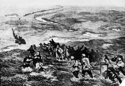 El Ejército Rojo Chino pasa por la tierra pantanosa. Un grabado en madera de Li Huan-min. El Ejército Rojo cruzando un pantano en 1935 de Unbekannt