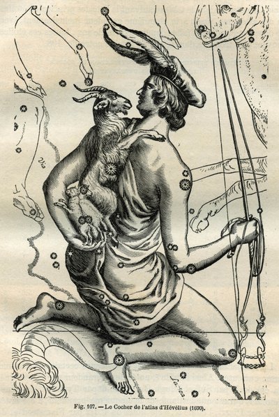 El coche del Atlas de Hevelius (1690): La constelación del Coche, que sostiene en la mano derecha un látigo y riendas y en el brazo izquierdo la Cabra y dos cabritos, es una de las más antiguas en la esfera griega. Grabado del libro Las estrellas y otras c de Unbekannt