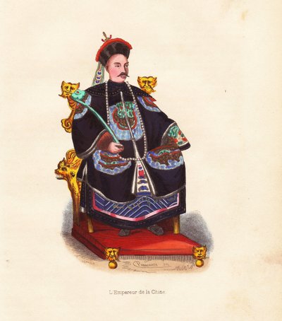 El Emperador de China sentado en su trono con túnica bordada y sombrero con pluma de pavo real. xilografía coloreada a mano de Mercier a partir de una ilustración de Pannemaker de la obra de Auguste Wahlen "Mores, Uses et Costumes de tous les Peuples du Mo de Unbekannter Künstler