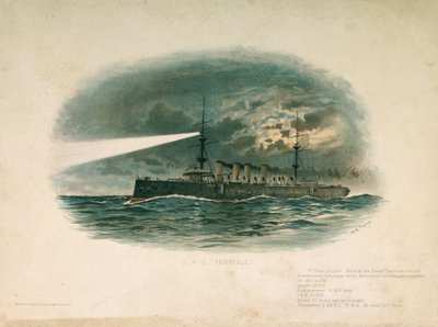 El HMS "Terrible", crucero de primera clase, construido por la Barrow in Furness Shipbuilding and Arms Company en 1897. Cromolitografía de finales del siglo XIX, por W.S. Tomkin (). de Unbekannter Künstler