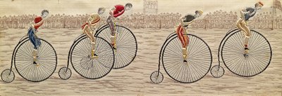 La última vuelta, carrera de Penny Farthing en seda tejida Stevengraph, por Thomas Stevens de Coventry de Unbekannter Künstler