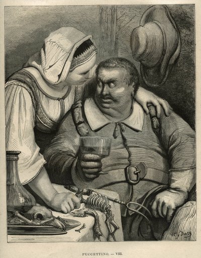 El pequeño Pouket: el ogro y su esposa después de terminar la comida. Grabado de Gustave Doré (1832-1883) de “Les contes” de Charles Perrault (1628-1703) de Unbekannt