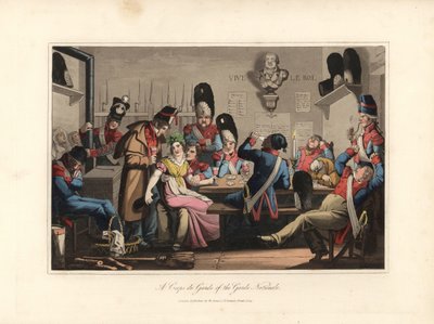 Los Guardias Nacionales en la Guardia, bebiendo con el cantiniere, licorero y jugando a las cartas, fumando en pipa, algunos duermen - Eau forte según una ilustración de Victor Auver, de Un tour por París, publicado por William Sams de Unbekannter Künstler