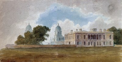 La Casa de la Reina y el Hospital de Greenwich (Inglaterra), con las cúpulas de los edificios Queen Mary Court y King William Court. Pintura atribuida a David Cox (1783-1859), acuarela hacia 1804. de Unbekannter Künstler
