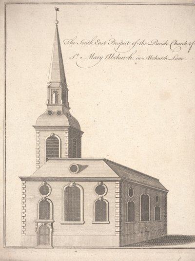 Perspectiva sureste de la iglesia parroquial de Santa María Abchurch, en Abchurch Lane, c.1740 (grabado) de Unbekannter Künstler