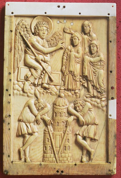 Las Tres Marías en la Tumba, placa tallada, Escuela del palacio de Carlomagno, francesa de Unbekannt