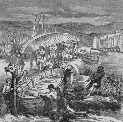 Los vikingos tenían que sacar sus barcos del agua y transportarlos para desplazarse apostando (grabado) de Unbekannter Künstler