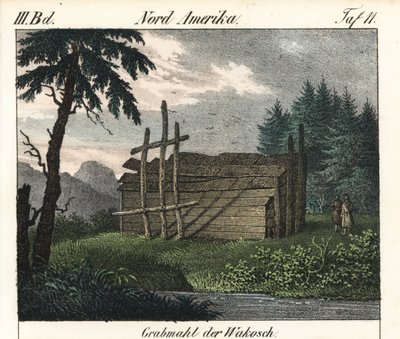 La tumba de madera de los indios wakashan (Canadá). Litografía para el libro: "Galerie complete en tableaux fideles des peuples d