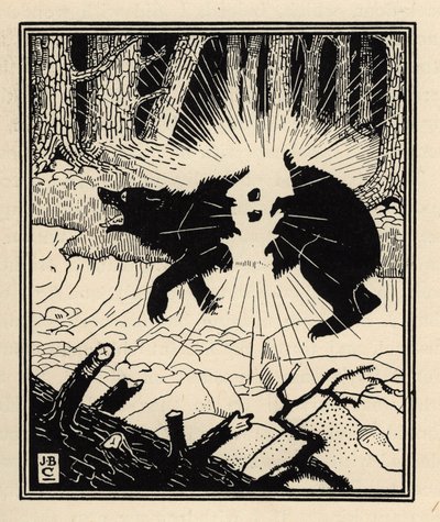El barón explota un oso negro con dos pedernales. Ilustración de William Strang (1859-1921) y JB Clark del libro Las aventuras del Barón de Munchausen, de Rudolf Erich Raspe (1736-1794) (1789) de Unbekannt