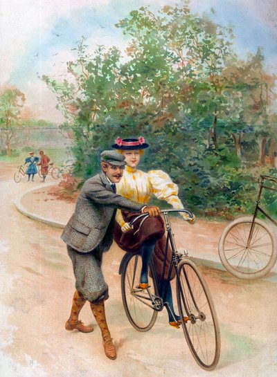 La lección de la bicicleta, principios del siglo XX (impresión) de Unbekannter Künstler