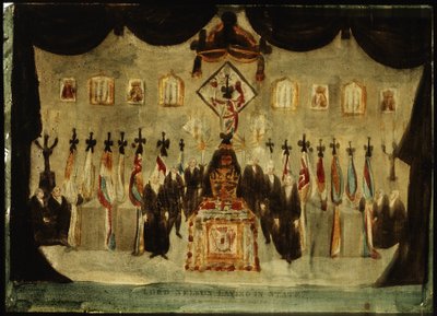 El cuerpo de Horatio Nelson (1758-1805) descansa en la sala pintada del antiguo Royal Naval College de Greenwich. Durante el funeral, al tercer día, se retira la sábana negra que cubre el ataúd y guardias vestidos de negro se colocan a ambos lados del fére de Unbekannter Künstler