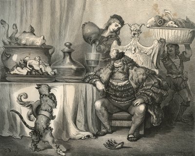 El gato con botas se encuentra con el ogro. Grabado de Gustave Doré (1832-1883) de Les contes de Charles Perrault (1628-1703) de Unbekannt
