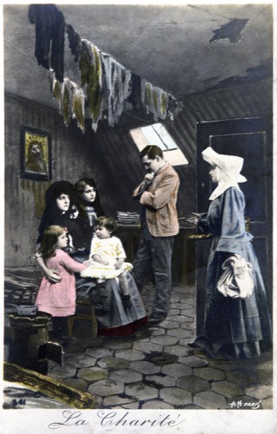 La caridad : monja visitando a los pobres, c. 1910 (tarjeta postal) de Unbekannter Künstler