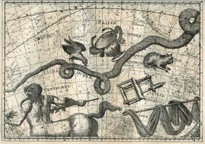 La constelación de la Hidra, con un Curbeau que la hormiguea y una Copa de Equilibrio, tiene su origen en el mito de Apolo, que había enviado a un cuervo con una copa llena de agua para hacer un sacrificio a Júpiter. Bajo la Hidra, el astrónomo francés Lal de Unbekannter Künstler