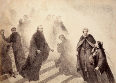 El espíritu contemplativo de Pedro Damián desciende de una escalera dorada, dirigiéndose hacia Dante. Ilustración del Canto XVI del Paradiso de La Divina Comedia de Dante Alighieri. Obra de Francesco Scaramuzza dedicada al Ayuntamiento de Florencia. de Unbekannter Künstler