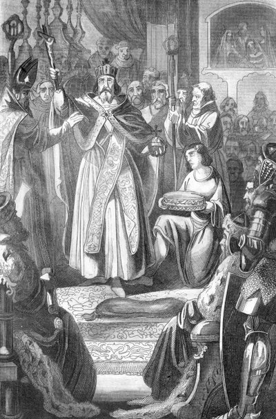 La coronación de Rodolfo I de Habsburgo (1218-1291) Rey de los Romanos el 24 de octubre de 1273 en la Catedral de Aquisgrán Alemania (Rodolfo I de Alemania coronado en la Catedral de Aquisgrán el 24 de octubre de 1273) Grabado de "Bilder-Gallerie zur allge de Unbekannter Künstler