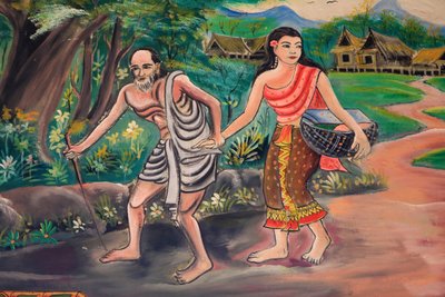 El día anterior. Encuentro con el aldeano. El camino de la iluminación. Vida de Buda. Obra de arte en el techo que representa la vida de Buda. Wat Inpeng. Vientián. Laos de Unbekannt